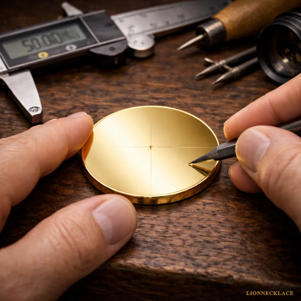 Craftsmanship – marking of a gold medallion Jewelry artisan craftsmanship – Precise marking of a gold medallion