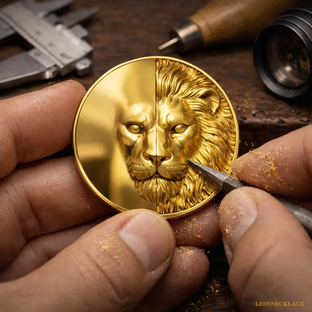 Jewelry artisan craftsmanship – Intricate lion's head carving in gold