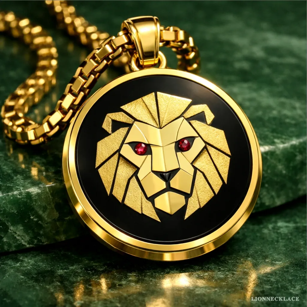 Gold Geometric Lion Engraved Medallion - Ruby eyes – Inlay Edition by LionNecklace 03 Gold Geometric Lion Engraved Medallion - Ruby eyes – Inlay Edition by LionNecklace 03