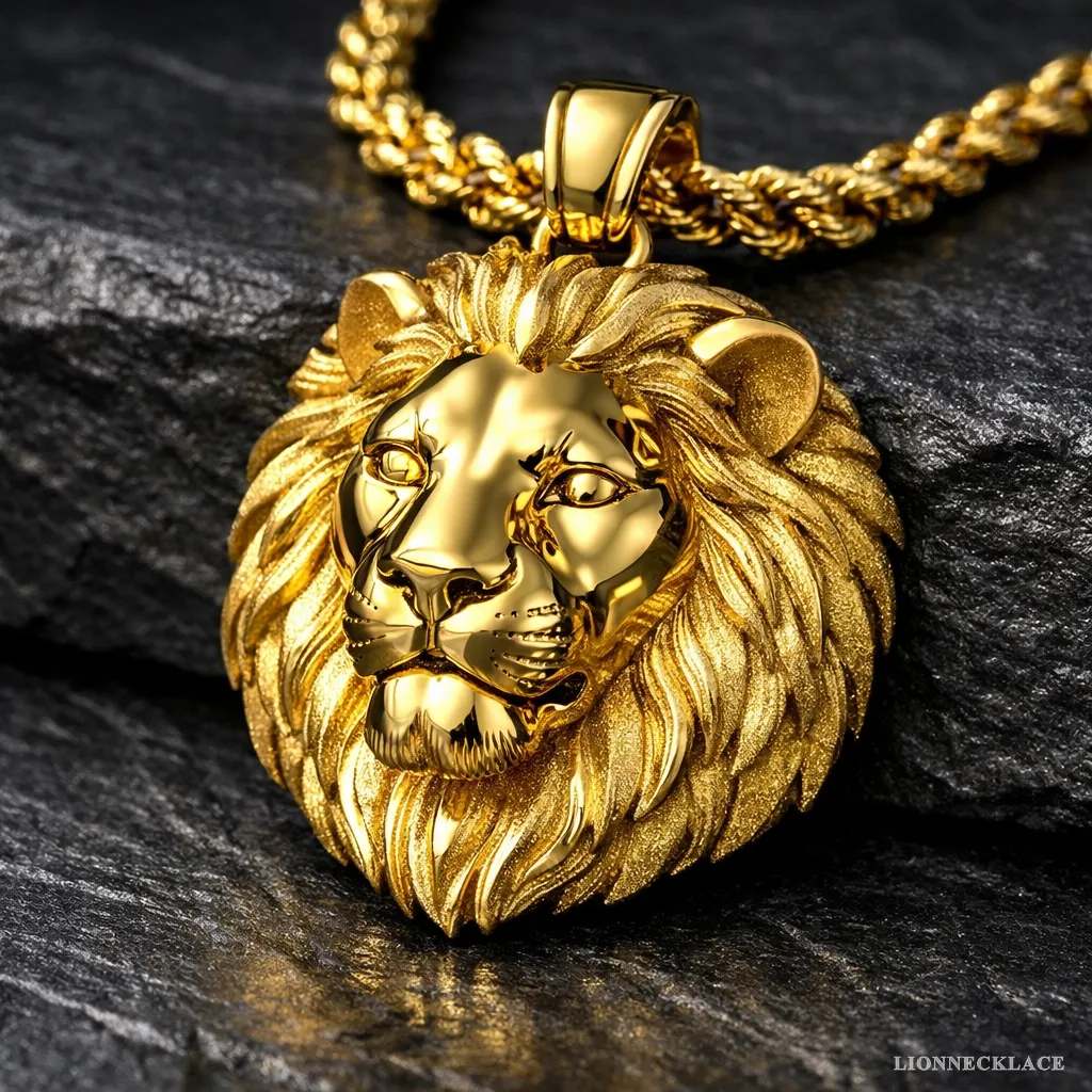 lionnecklace gold lion relief jewelry on dark basalt