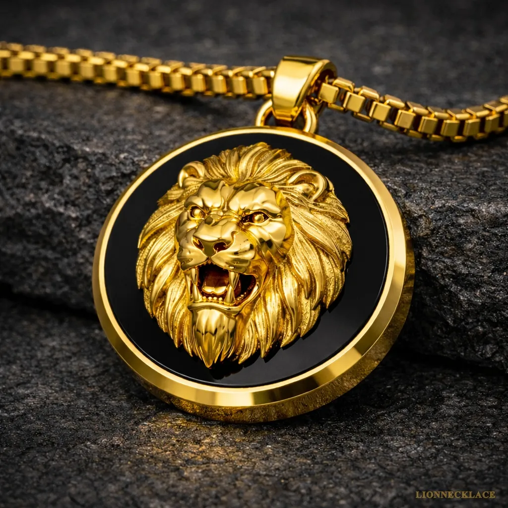 lionnecklace gold sculptural lion relief inlay medallion 03
