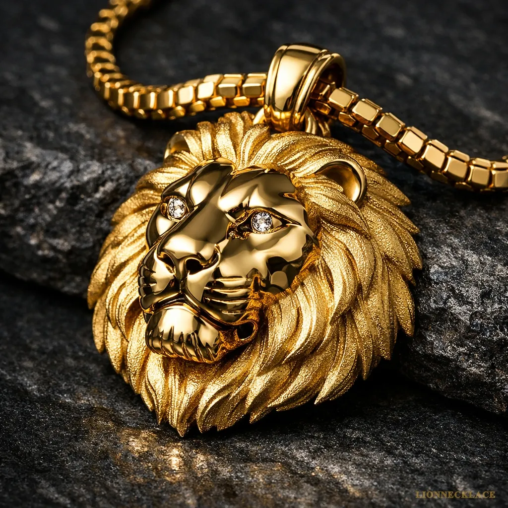 lionnecklace gold sculptural lion relief diamond eyes 06