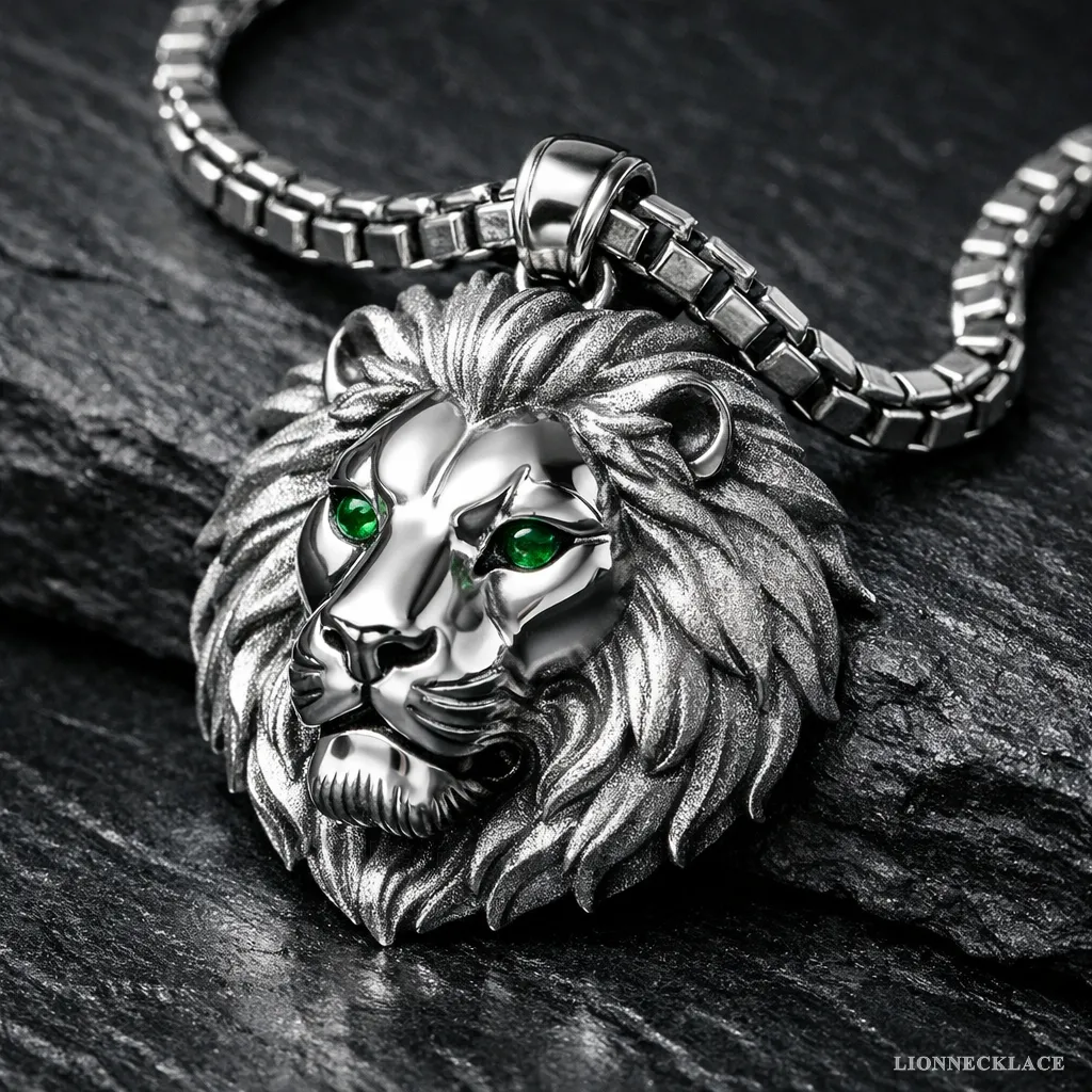 Silver Sculptural Lion Relief – Emerald Eyes 04