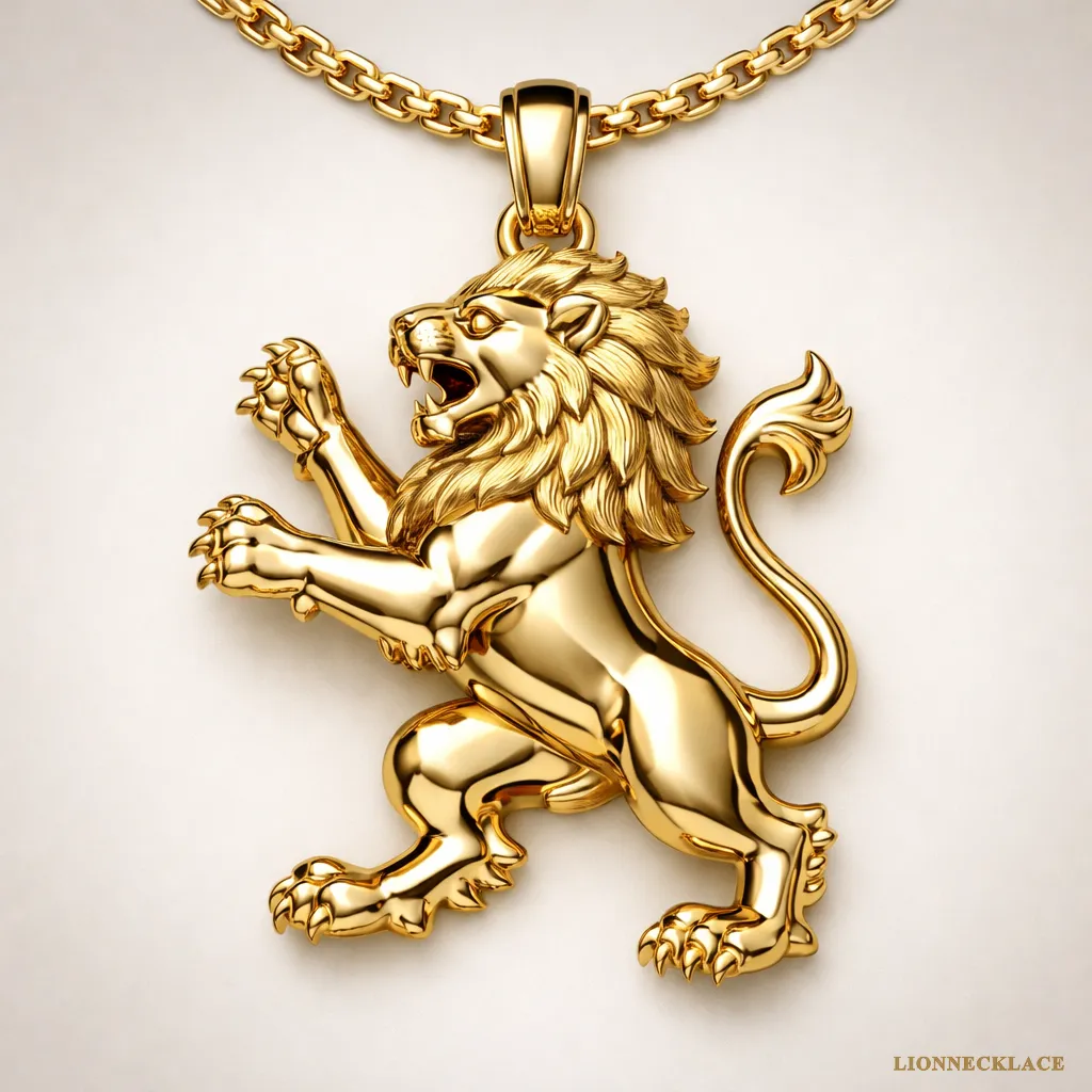 gold heraldic rampant lion relief polished mane pendant lion necklace