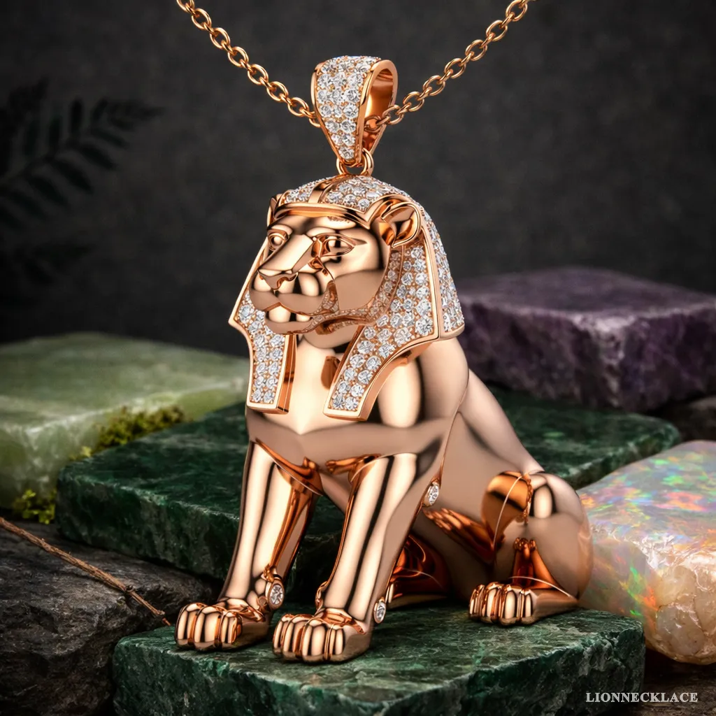 rose gold egyptian lion relief diamond mane pendant lion necklace