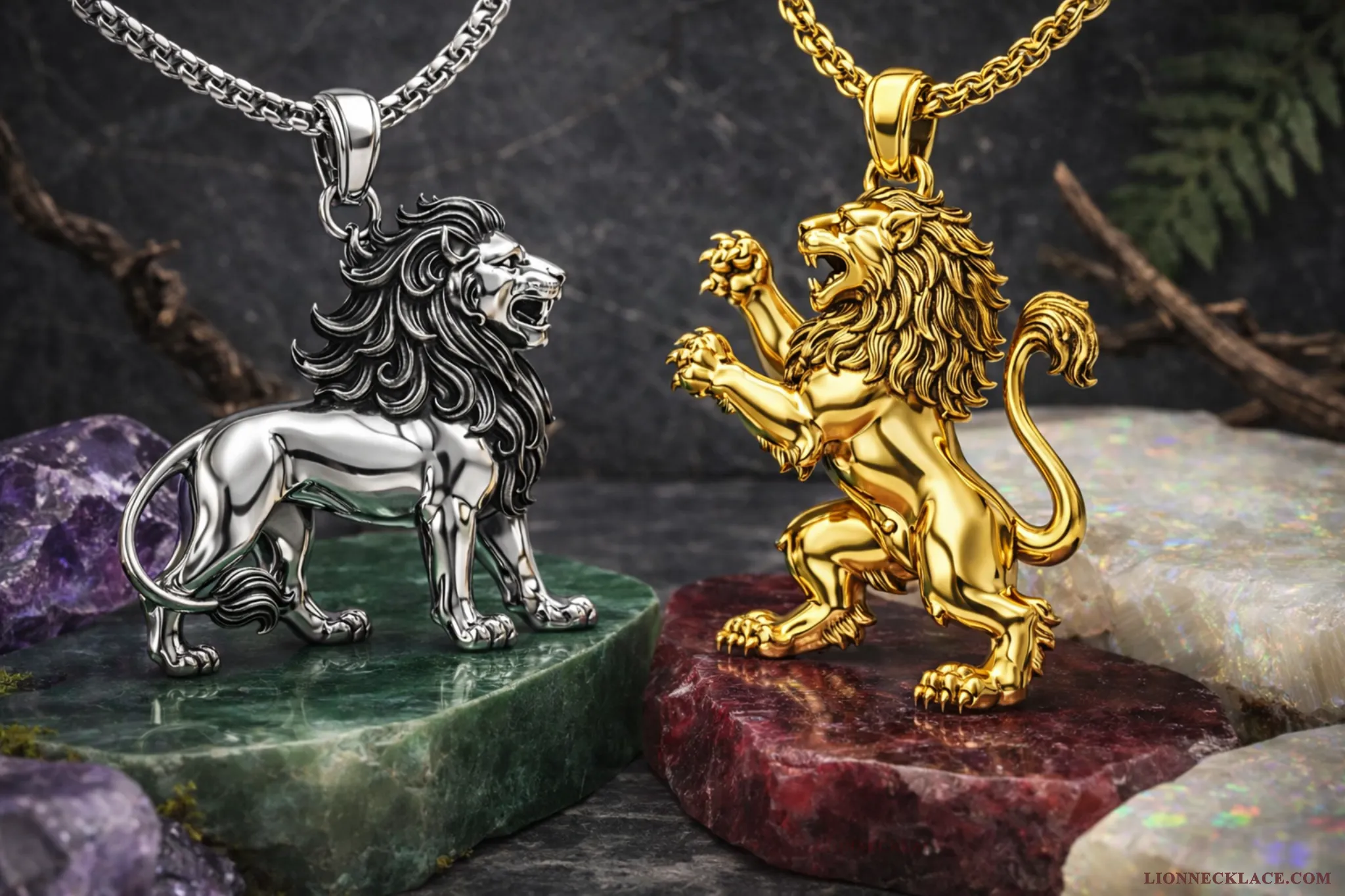 Luxury lion necklace scene with silver Persian lion facing gold heraldic rampant lion among rearranged gemstones Luxury lion necklace scene with silver Persian lion facing gold heraldic rampant lion among rearranged gemstones